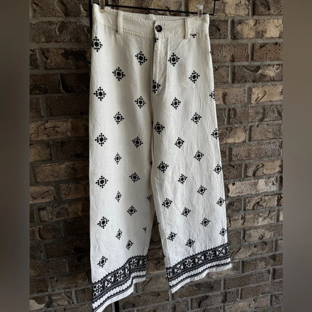 ZARA Linen Blend Embroidered Wide Leg Pants White Black Boho Resort S